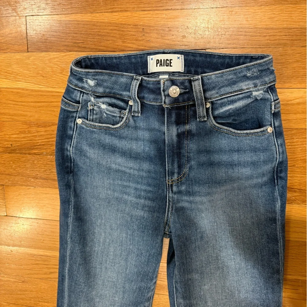 PAIGE Petite Laurel Canyon Raw Hem Flare Blue Women's Jeans - Olivin Distressed - Picture 4 of 10